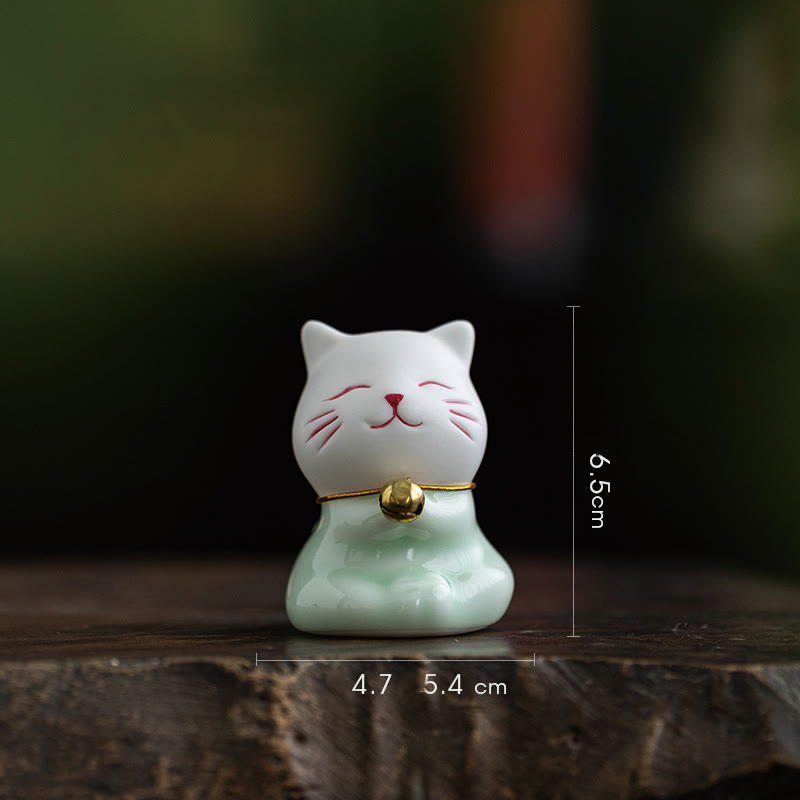 Buddha Stones Mini Szczęście Uroczy Kot Jasnozielony Biały Ceramiczna Figurka Dekoracja - Kot 4,5*8,1*5,3 cm - image 17