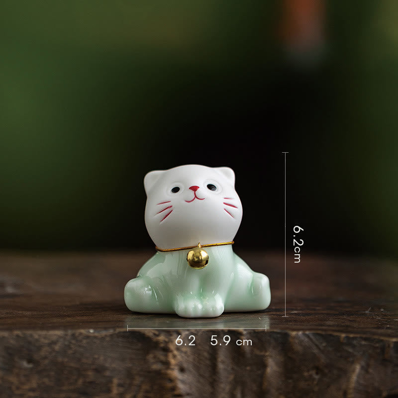 Buddha Stones Mini Szczęście Uroczy Kot Jasnozielony Biały Ceramiczna Figurka Dekoracja - Kot 6,2* 5,9 * 6,2 cm - image 4