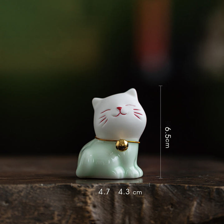Buddha Stones Mini Szczęście Uroczy Kot Jasnozielony Biały Ceramiczna Figurka Dekoracja - Kot 4,7*4,3*6,5 cm - image 3