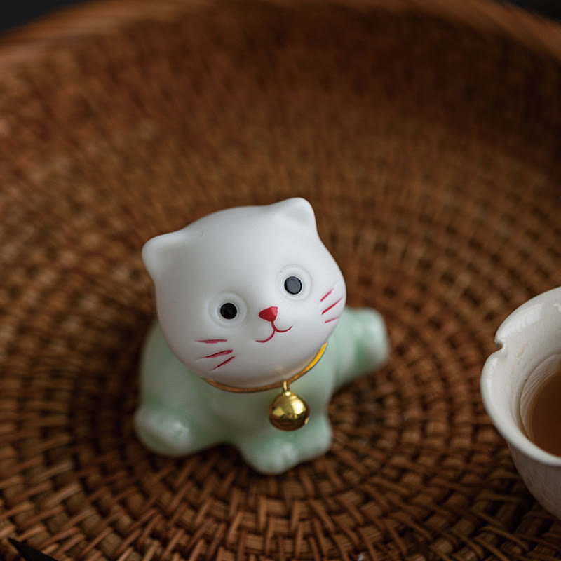 Buddha Stones Mini Szczęście Uroczy Kot Jasnozielony Biały Ceramiczna Figurka Dekoracja - image 10