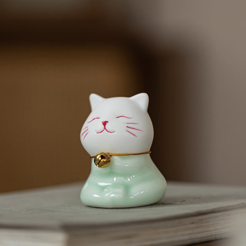 Buddha Stones Mini Szczęście Uroczy Kot Jasnozielony Biały Ceramiczna Figurka Dekoracja - image 18