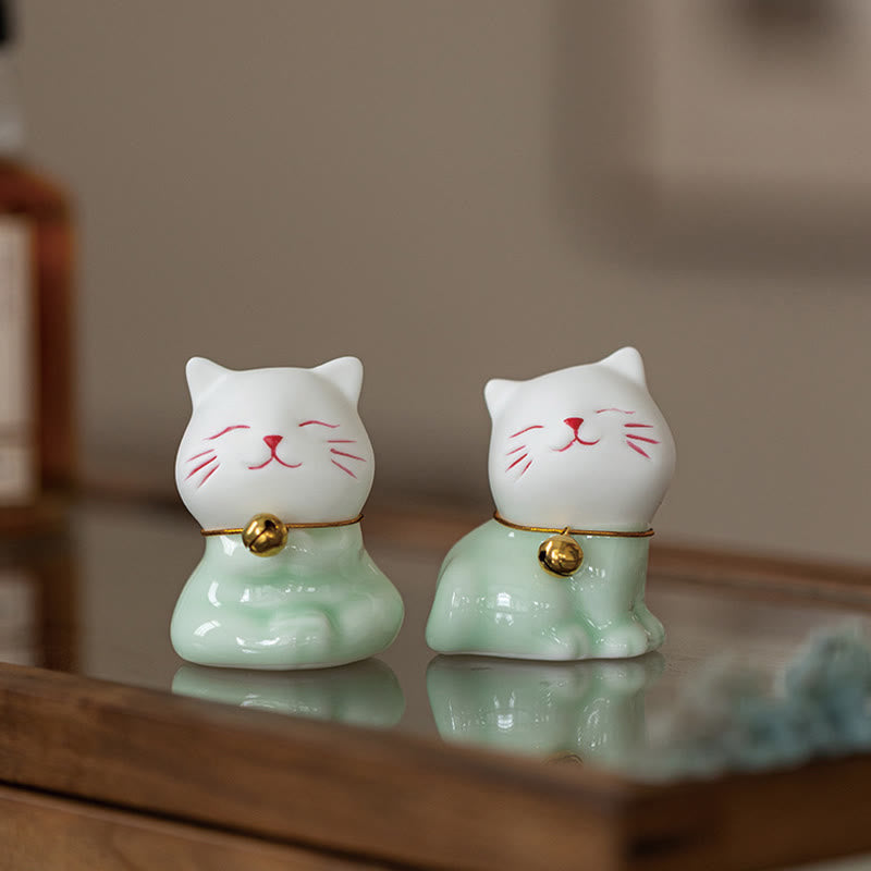 Buddha Stones Mini Szczęście Uroczy Kot Jasnozielony Biały Ceramiczna Figurka Dekoracja - image 19
