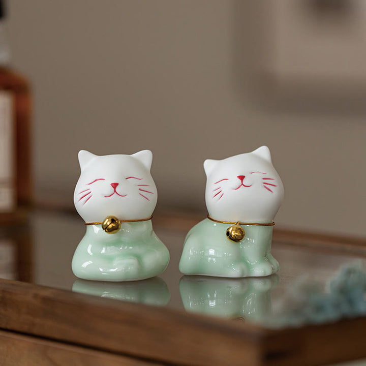 Buddha Stones Mini Szczęście Uroczy Kot Jasnozielony Biały Ceramiczna Figurka Dekoracja - image 19