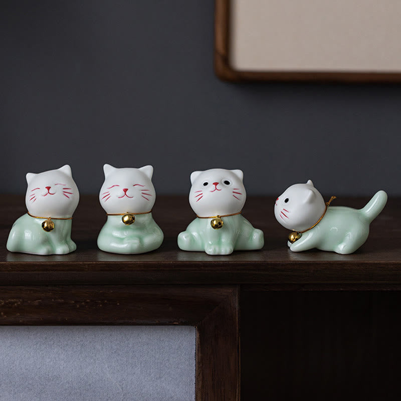 Buddha Stones Mini Szczęście Uroczy Kot Jasnozielony Biały Ceramiczna Figurka Dekoracja - image 1