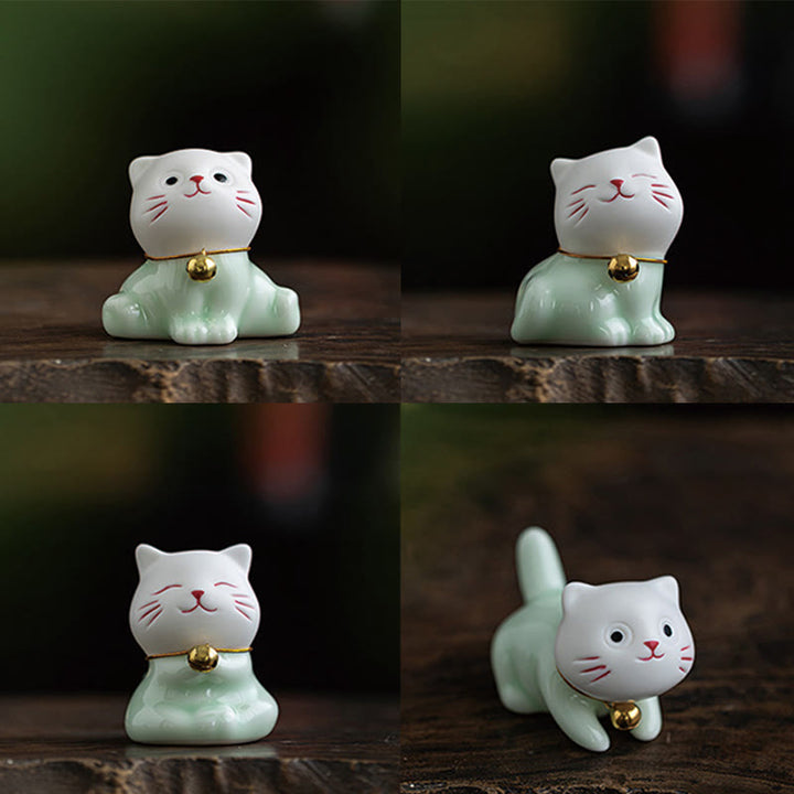Buddha Stones Mini Szczęście Uroczy Kot Jasnozielony Biały Ceramiczna Figurka Dekoracja - image 21