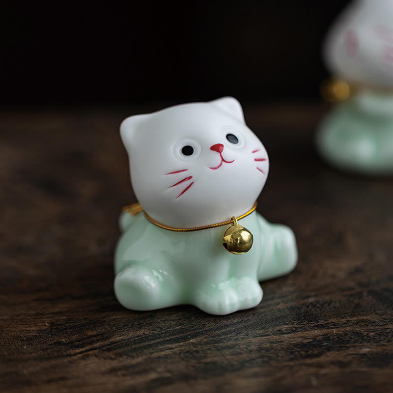 Buddha Stones Mini Szczęście Uroczy Kot Jasnozielony Biały Ceramiczna Figurka Dekoracja - image 5