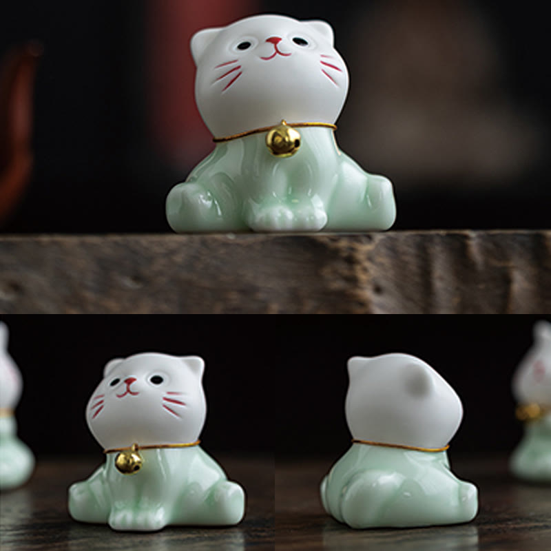 Buddha Stones Mini Szczęście Uroczy Kot Jasnozielony Biały Ceramiczna Figurka Dekoracja - image 11