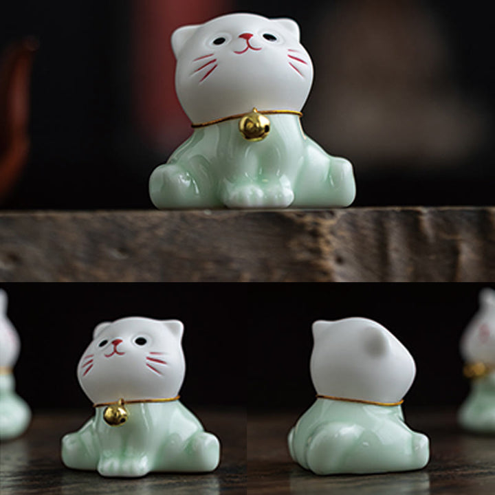 Buddha Stones Mini Szczęście Uroczy Kot Jasnozielony Biały Ceramiczna Figurka Dekoracja - image 11