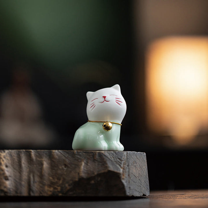 Buddha Stones Mini Szczęście Uroczy Kot Jasnozielony Biały Ceramiczna Figurka Dekoracja - image 3