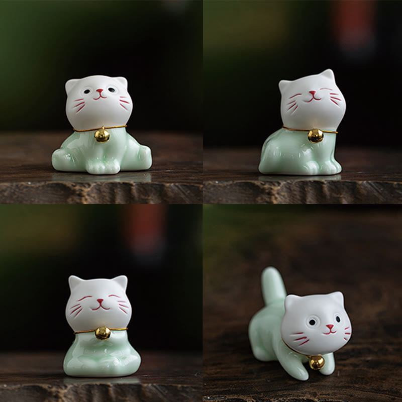 Buddha Stones Mini Szczęście Uroczy Kot Jasnozielony Biały Ceramiczna Figurka Dekoracja - image 22