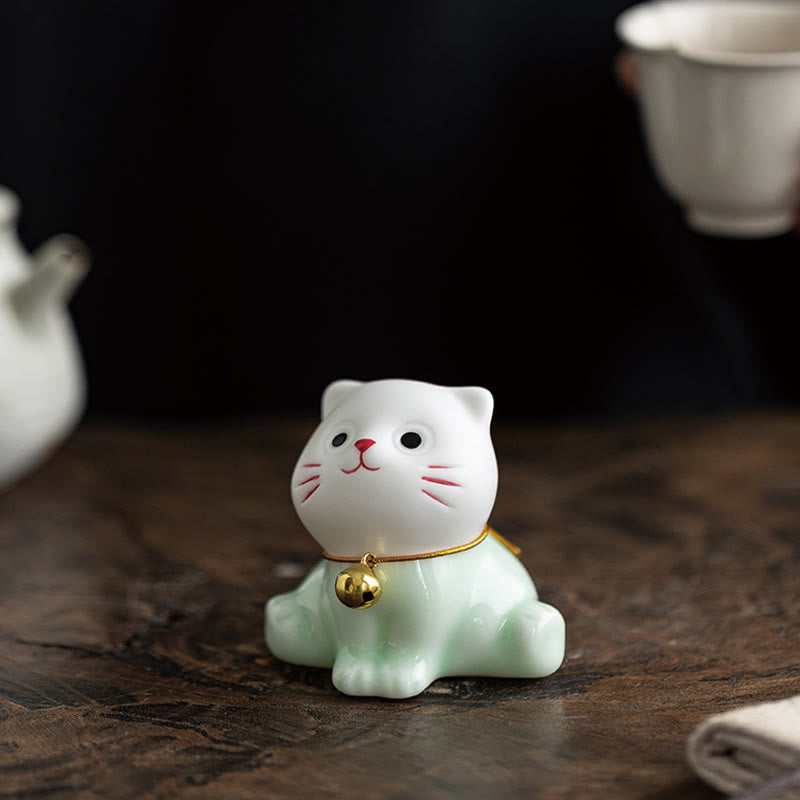 Buddha Stones Mini Szczęście Uroczy Kot Jasnozielony Biały Ceramiczna Figurka Dekoracja - image 7
