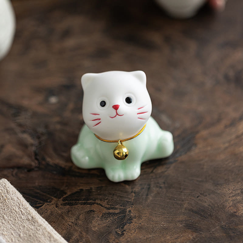 Buddha Stones Mini Szczęście Uroczy Kot Jasnozielony Biały Ceramiczna Figurka Dekoracja - image 6