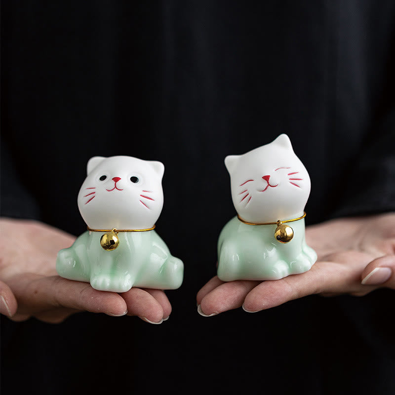 Buddha Stones Mini Szczęście Uroczy Kot Jasnozielony Biały Ceramiczna Figurka Dekoracja - image 1