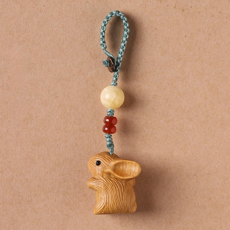 Buddha Stones Sandałowe Mały Liść Czerwony Sandałowiec Szczęśliwy Mini Królik Ochrona Brelok Telefon Wiszący Dekoracja