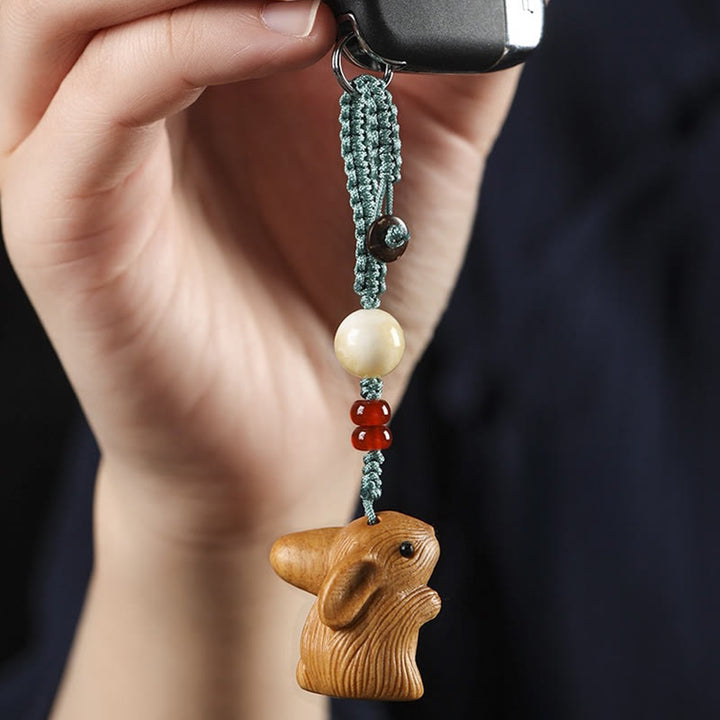 Buddha Stones Sandałowe Mały Liść Czerwony Sandałowiec Szczęśliwy Mini Królik Ochrona Brelok Telefon Wiszący Dekoracja
