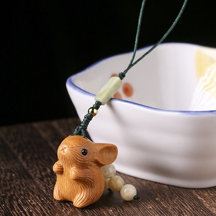 Buddha Stones Sandałowe Mały Liść Czerwony Sandałowiec Szczęśliwy Mini Królik Ochrona Brelok Telefon Wiszący Dekoracja