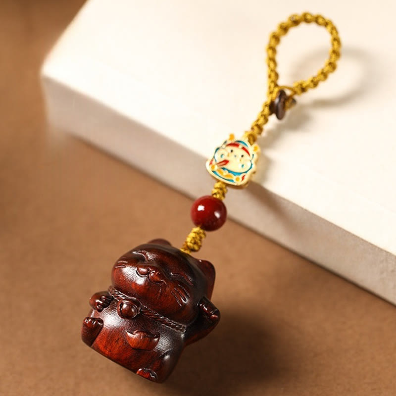 Buddha Stones Mały liść Czerwony Sandałowiec Zielony Sandałowiec Sandałowiec Szczęśliwy Kot Ochrona Brelok Telefon Wiszący Dekoracja - Drobnolistny czerwony sandałowiec - Brelok do kluczy - image 1
