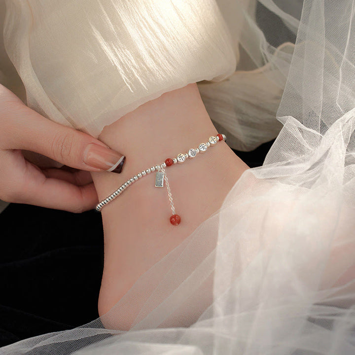 Buddha Stones 925 Srebro Małe Koraliki Czerwony Agat Pokój I Radość Błogosławieństwo Anklet - image 8