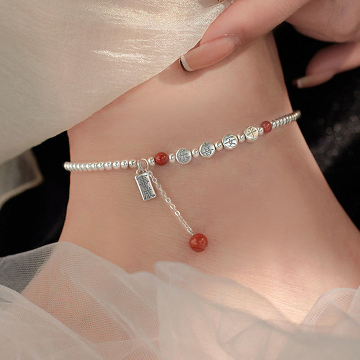 Buddha Stones 925 Srebro Małe Koraliki Czerwony Agat Pokój I Radość Błogosławieństwo Anklet - image 4