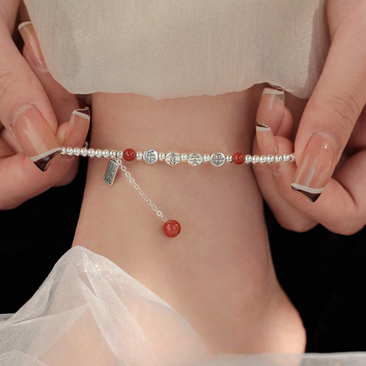 Buddha Stones 925 Srebro Małe Koraliki Czerwony Agat Pokój I Radość Błogosławieństwo Anklet - Srebrna bransoletka na kostkę (obwód 18-22 cm) - image 0