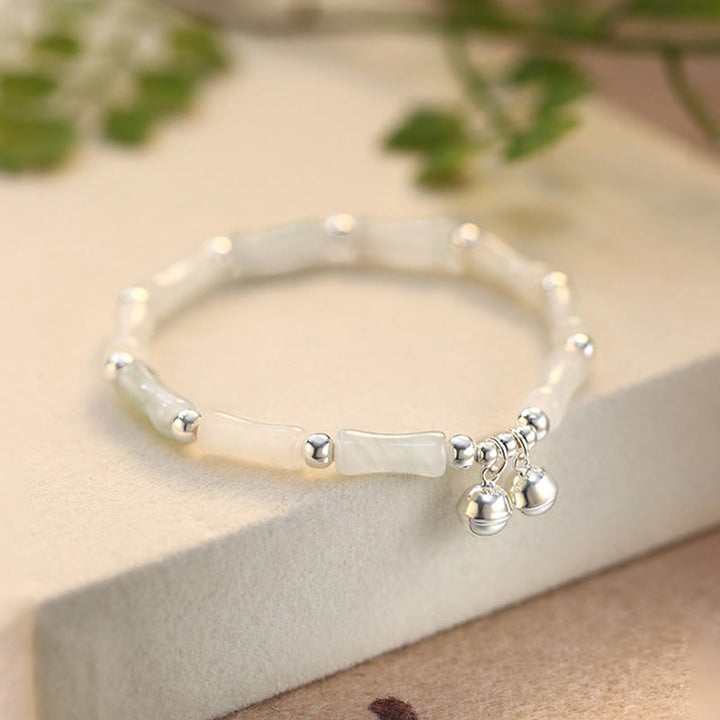 Buddha Stones 925 Srebro Sterling Naturalny Biały Jadeit Bambus Dzwonek Charm Bransoletka Szczęście