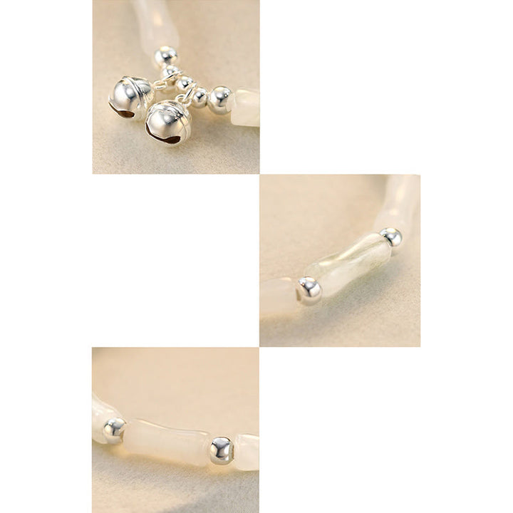 Buddha Stones 925 Srebro Sterling Naturalny Biały Jadeit Bambus Dzwonek Charm Bransoletka Szczęście