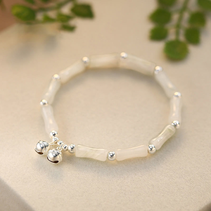 Buddha Stones 925 Srebro Sterling Naturalny Biały Jadeit Bambus Dzwonek Charm Bransoletka Szczęście