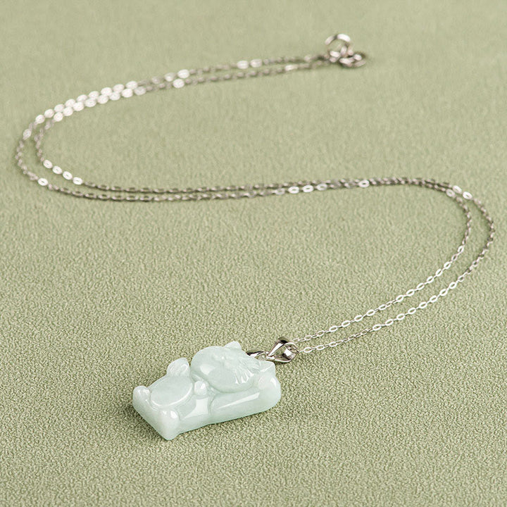 Naszyjnik z Buddha Stones z jadeitu i kotem szczęścia, wisiorek ze stali tytanowej - image 3