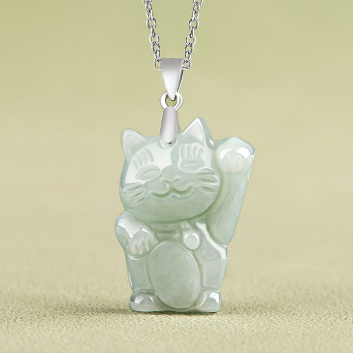 Naszyjnik z Buddha Stones z jadeitu i kotem szczęścia, wisiorek ze stali tytanowej - Jadeit - image 0