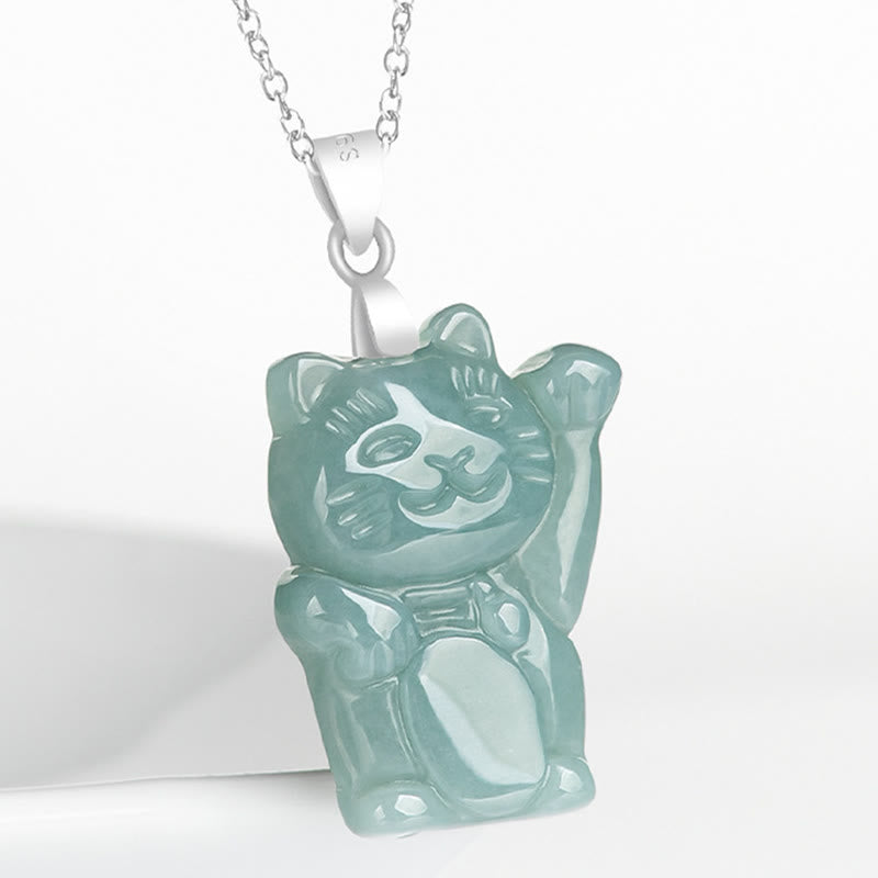 Naszyjnik z wisiorkiem z naturalnego jadeitu z Buddha Stones, kotem szczęścia i obfitością, wykonany ze stali tytanowej - image 2