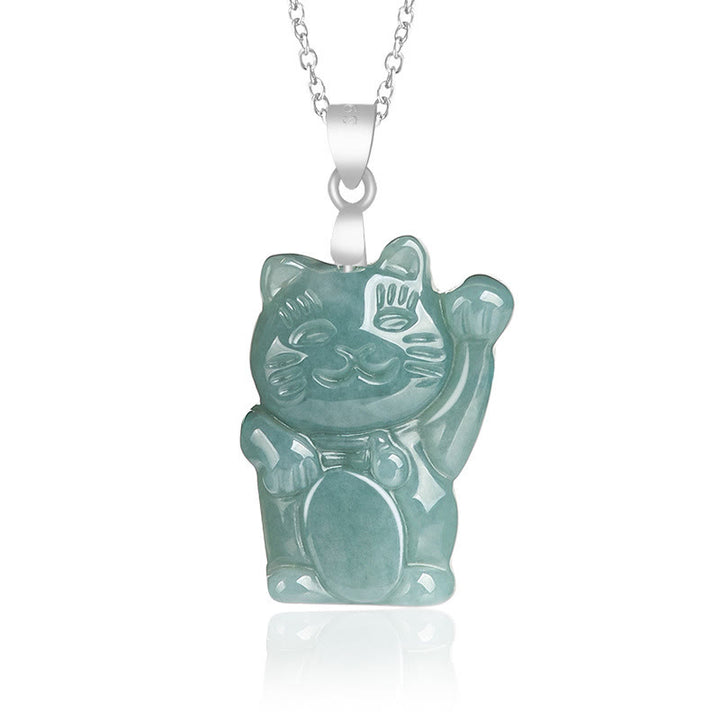 Naszyjnik z wisiorkiem z naturalnego jadeitu z Buddha Stones, kotem szczęścia i obfitością, wykonany ze stali tytanowej - Jadeit - image 0
