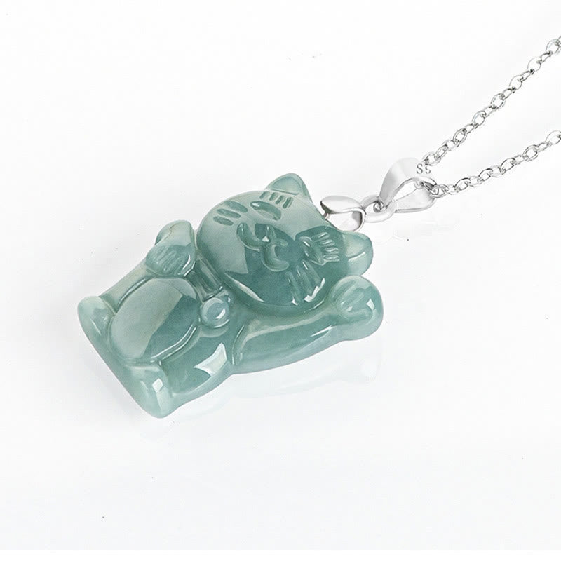 Naszyjnik z wisiorkiem z naturalnego jadeitu z Buddha Stones, kotem szczęścia i obfitością, wykonany ze stali tytanowej - image 3