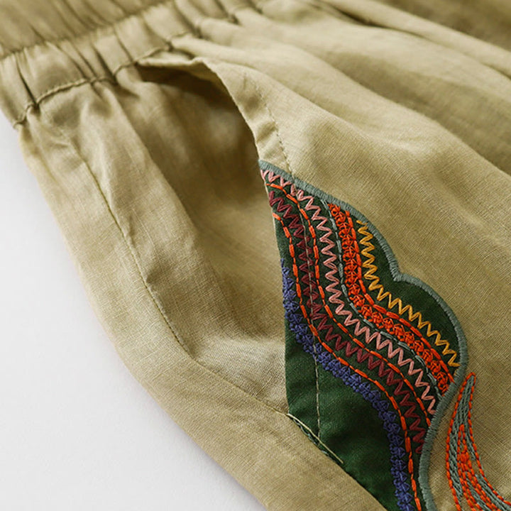 Kamienie Buddha Stones Letnie Haftowane Podwójna Warstwa Bawełny Lnianej Damskie Szerokie Spodnie Nogawki Z Kieszeniami - image 2