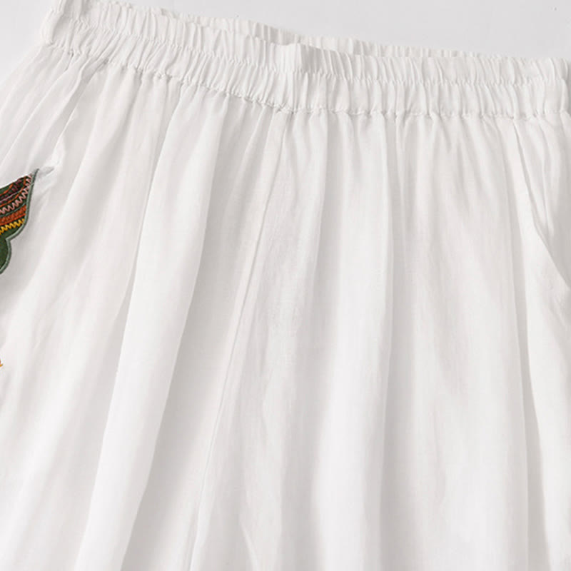 Kamienie Buddha Stones Letnie Haftowane Podwójna Warstwa Bawełny Lnianej Damskie Szerokie Spodnie Nogawki Z Kieszeniami