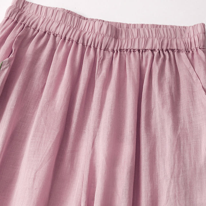 Kamienie Buddha Stones Letnie Haftowane Podwójna Warstwa Bawełny Lnianej Damskie Szerokie Spodnie Nogawki Z Kieszeniami - image 9