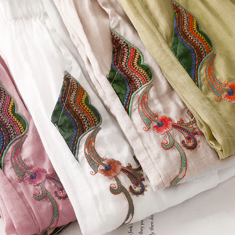 Kamienie Buddha Stones Letnie Haftowane Podwójna Warstwa Bawełny Lnianej Damskie Szerokie Spodnie Nogawki Z Kieszeniami