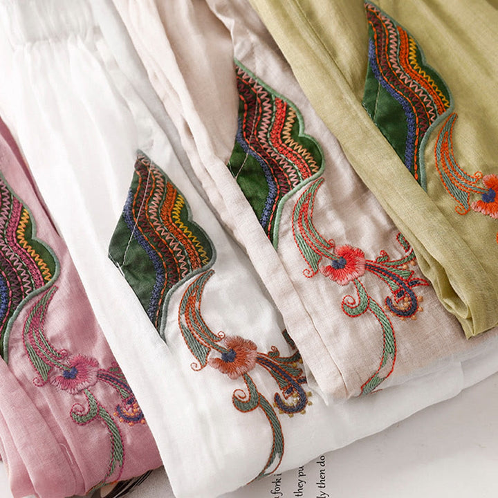 Kamienie Buddha Stones Letnie Haftowane Podwójna Warstwa Bawełny Lnianej Damskie Szerokie Spodnie Nogawki Z Kieszeniami