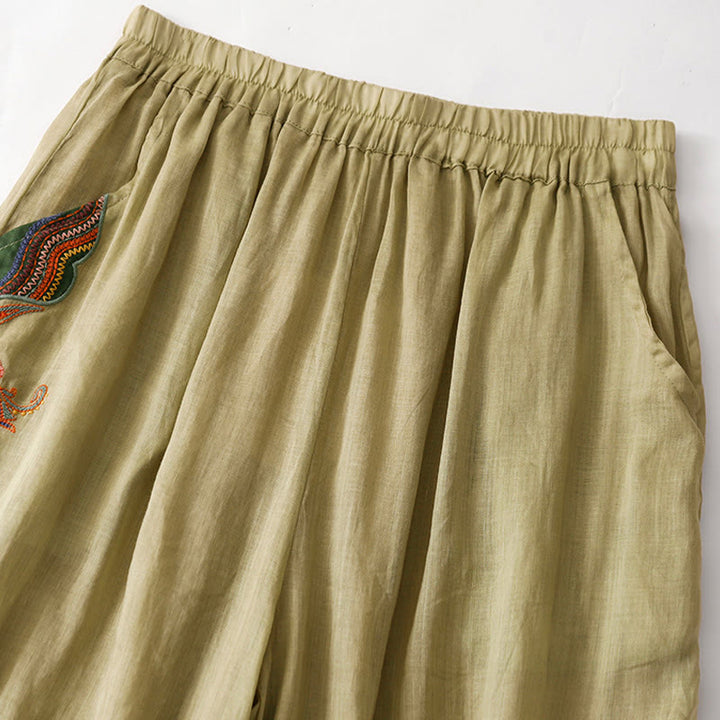 Kamienie Buddha Stones Letnie Haftowane Podwójna Warstwa Bawełny Lnianej Damskie Szerokie Spodnie Nogawki Z Kieszeniami