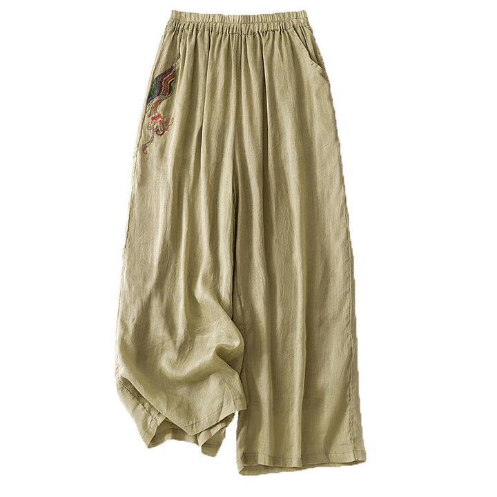 Kamienie Buddha Stones Letnie Haftowane Podwójna Warstwa Bawełny Lnianej Damskie Szerokie Spodnie Nogawki Z Kieszeniami