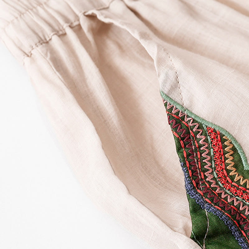 Kamienie Buddha Stones Letnie Haftowane Podwójna Warstwa Bawełny Lnianej Damskie Szerokie Spodnie Nogawki Z Kieszeniami - image 19