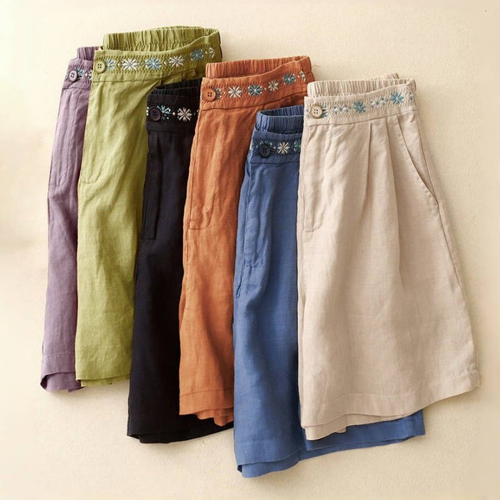 Buddha Stones Letnie swobodne haftowane kwiaty plisowane suwak guzik bawełna len damskie szorty z kieszeniami - image 29