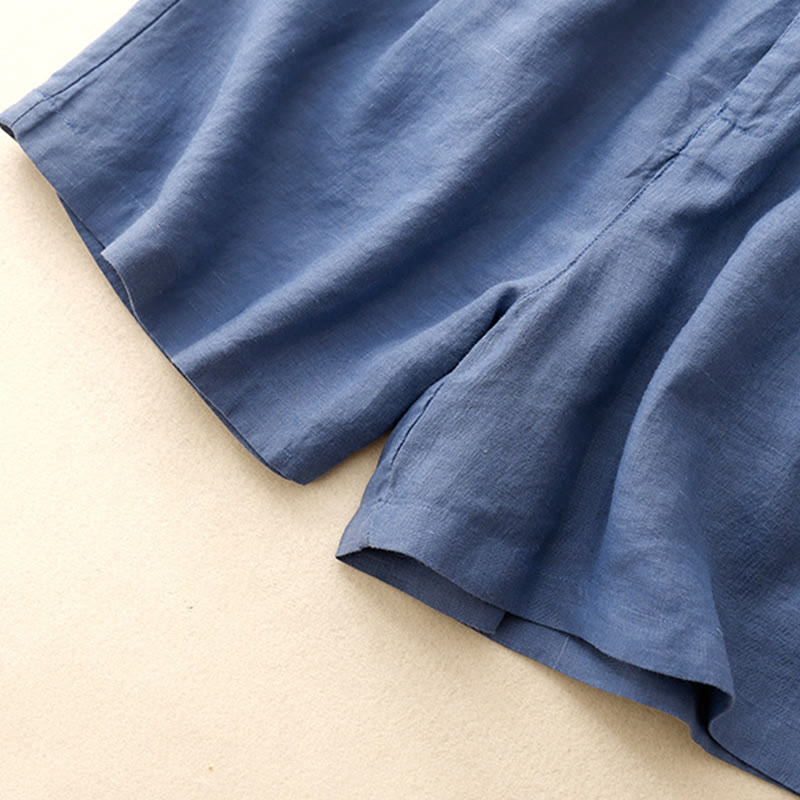 Buddha Stones Letnie swobodne haftowane kwiaty plisowane suwak guzik bawełna len damskie szorty z kieszeniami - image 1