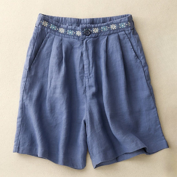 Buddha Stones Letnie swobodne haftowane kwiaty plisowane suwak guzik bawełna len damskie szorty z kieszeniami - RoyalBlue - US8-10，UK/AU12-14，EU40-42 (2XL) - image 0