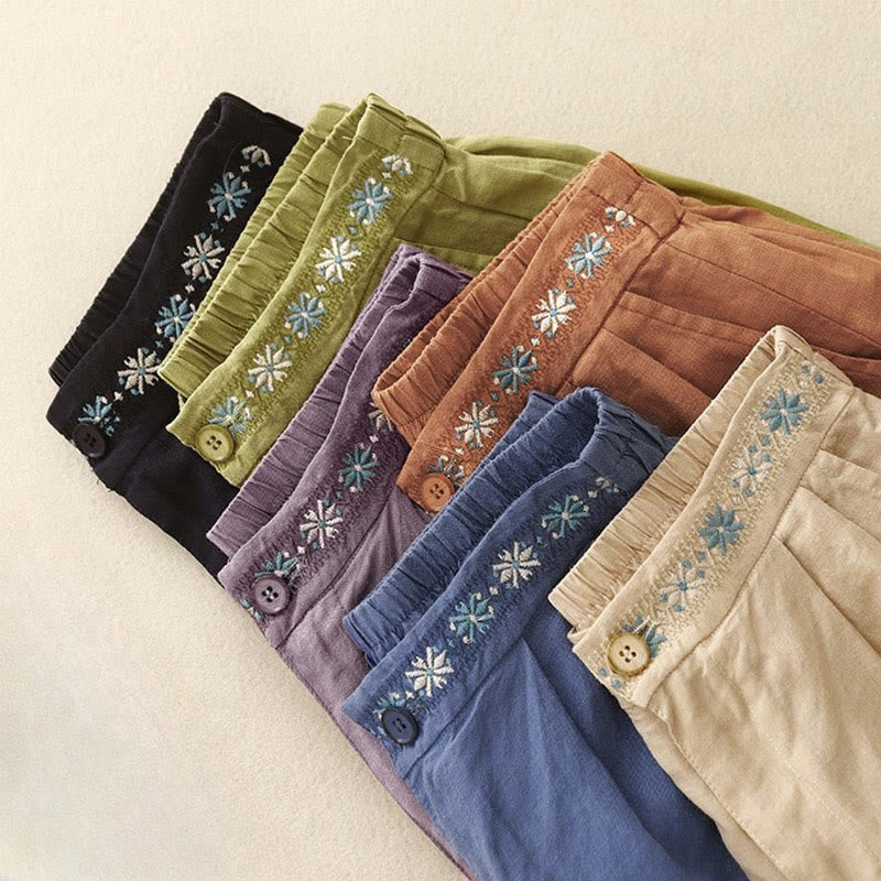 Buddha Stones Letnie swobodne haftowane kwiaty plisowane suwak guzik bawełna len damskie szorty z kieszeniami - image 28