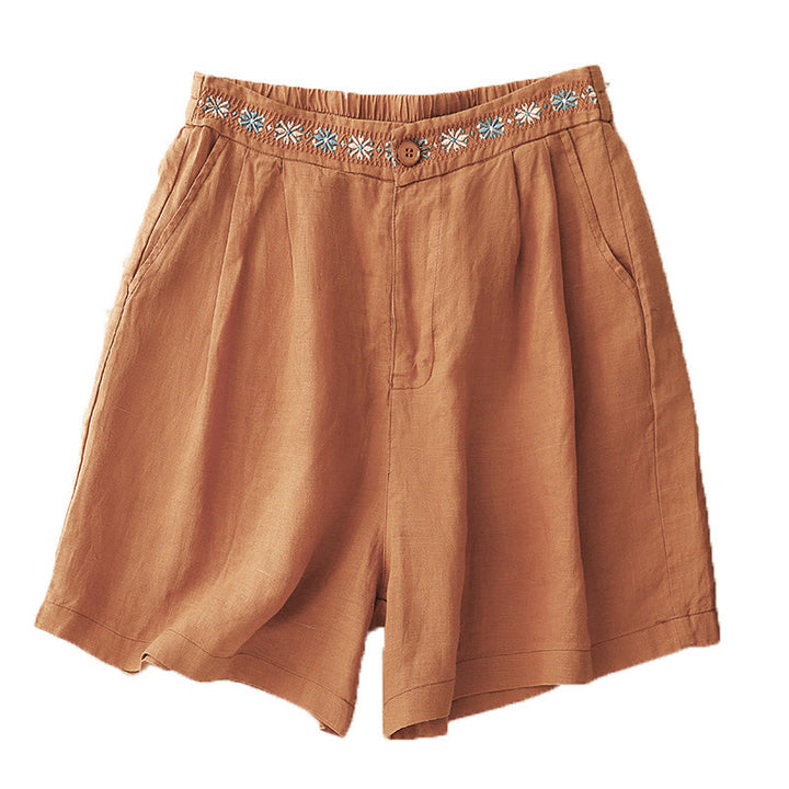 Buddha Stones Letnie swobodne haftowane kwiaty plisowane suwak guzik bawełna len damskie szorty z kieszeniami - image 16