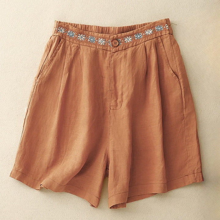Buddha Stones Letnie swobodne haftowane kwiaty plisowane suwak guzik bawełna len damskie szorty z kieszeniami - Koral - US8-10，UK/AU12-14，EU40-42 (2XL) - image 12