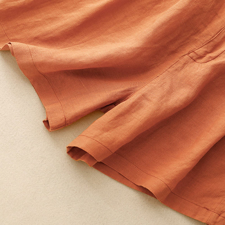 Buddha Stones Letnie swobodne haftowane kwiaty plisowane suwak guzik bawełna len damskie szorty z kieszeniami - image 14