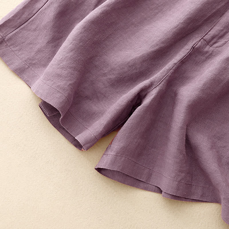 Buddha Stones Letnie swobodne haftowane kwiaty plisowane suwak guzik bawełna len damskie szorty z kieszeniami - image 9