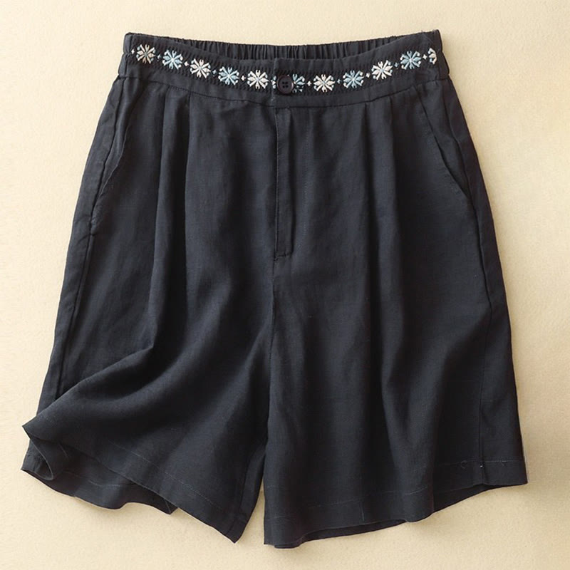 Buddha Stones Letnie swobodne haftowane kwiaty plisowane suwak guzik bawełna len damskie szorty z kieszeniami - Czarny - US8-10，UK/AU12-14，EU40-42 (2XL) - image 17