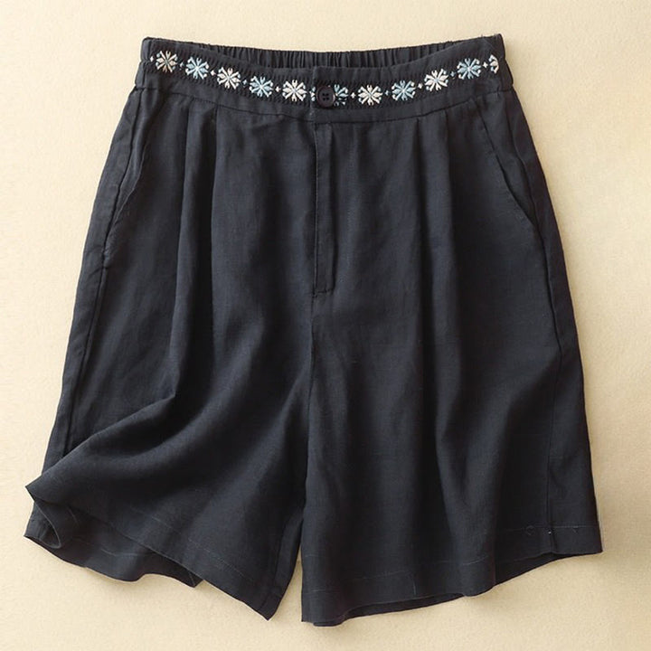 Buddha Stones Letnie swobodne haftowane kwiaty plisowane suwak guzik bawełna len damskie szorty z kieszeniami - Czarny - US8-10，UK/AU12-14，EU40-42 (2XL) - image 17